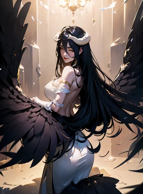 a demonic and seductive looking anime character, with black wings, long dark flowing hair, bright golden eyes, and curved horns ...