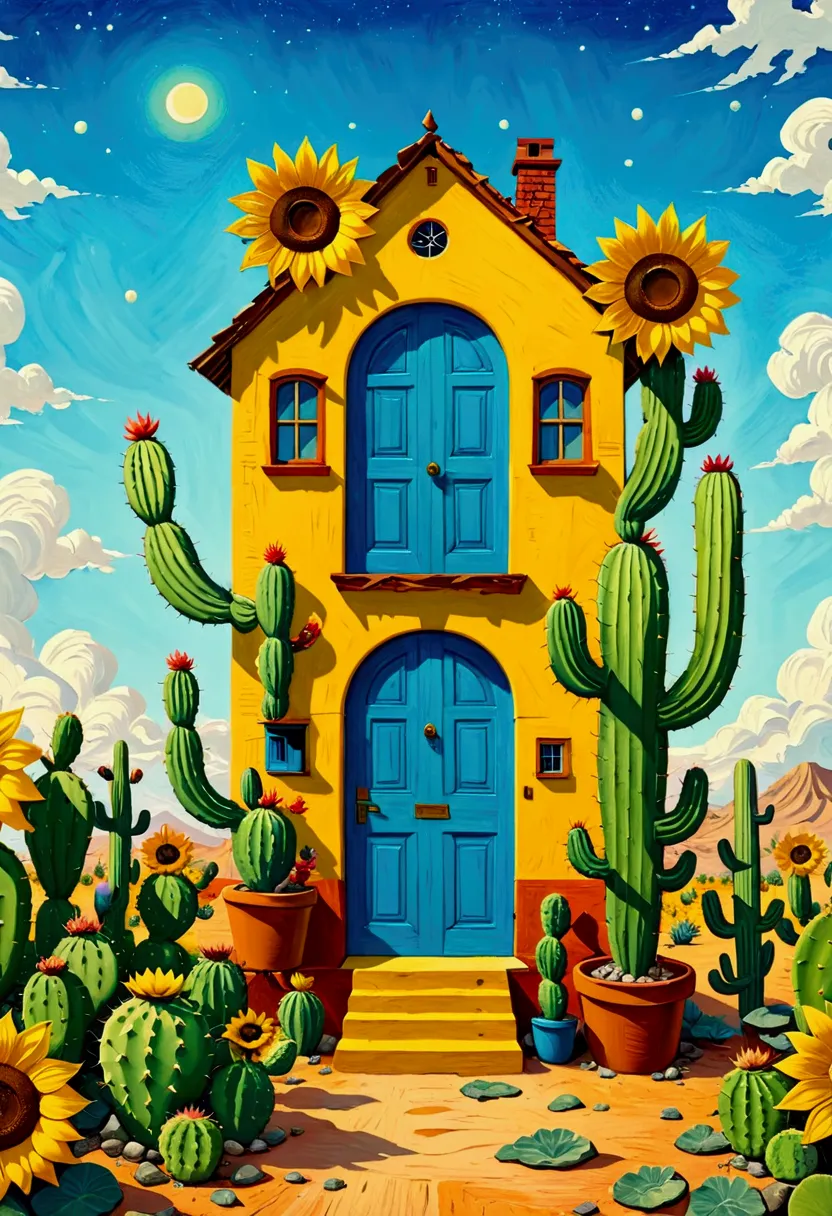 a painting of a cactus house，the painting shows a sunflower and a blue door, a surrealismist painting by justin gerard, winner o...