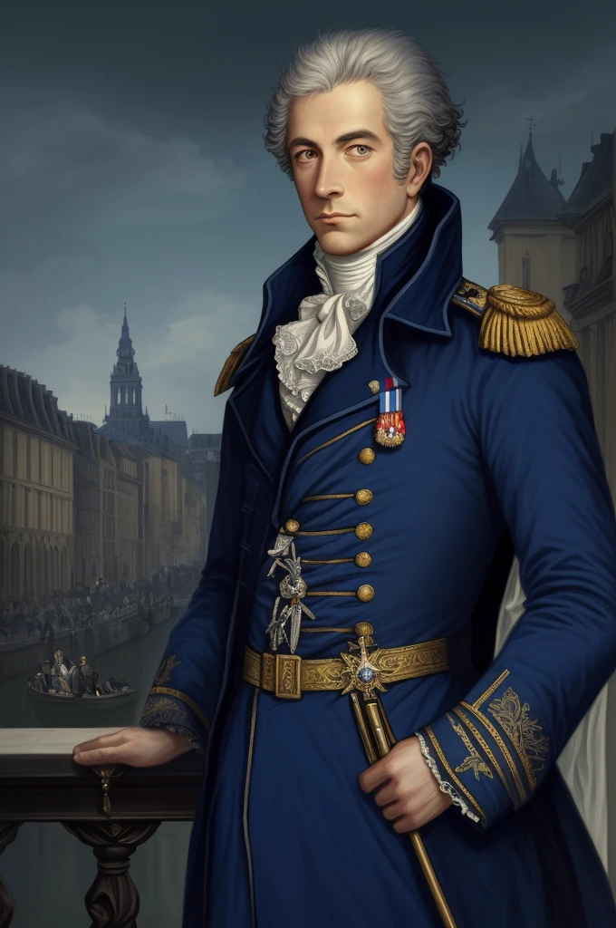 Highest quality, masterpiece, High resolution,，（Pierre-Antoine, Count Dupont of the Pond），French，French Revolutionary Soldier，Medals，marshal，（French cityscape_background），Middle-aged men，Anime Style, 4K, alone，whole body， looking at the camera, ，Brave，dark blue_coat， Hyper Detail, (Intricate details),