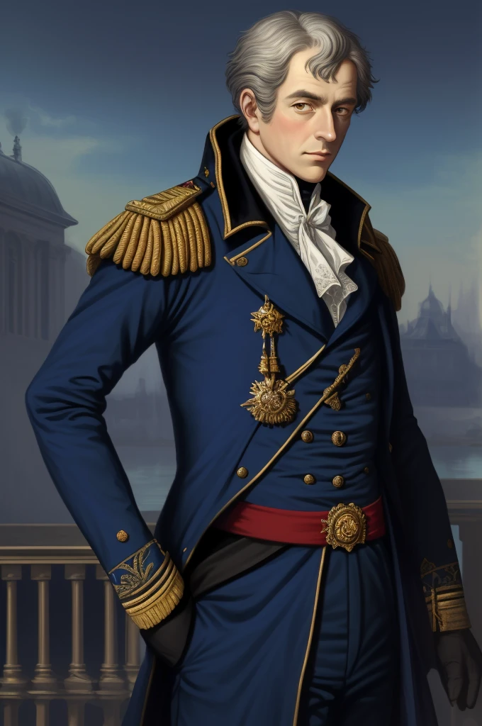 Highest quality, masterpiece, High resolution,，（Pierre-Antoine, Count Dupont of the Pond），French，French Revolutionary Soldier，Medals，marshal，（French cityscape_background），Middle-aged men，Anime Style, 4K, alone，whole body， looking at the camera, ，Brave，dark blue_coat， Hyper Detail, (Intricate details),