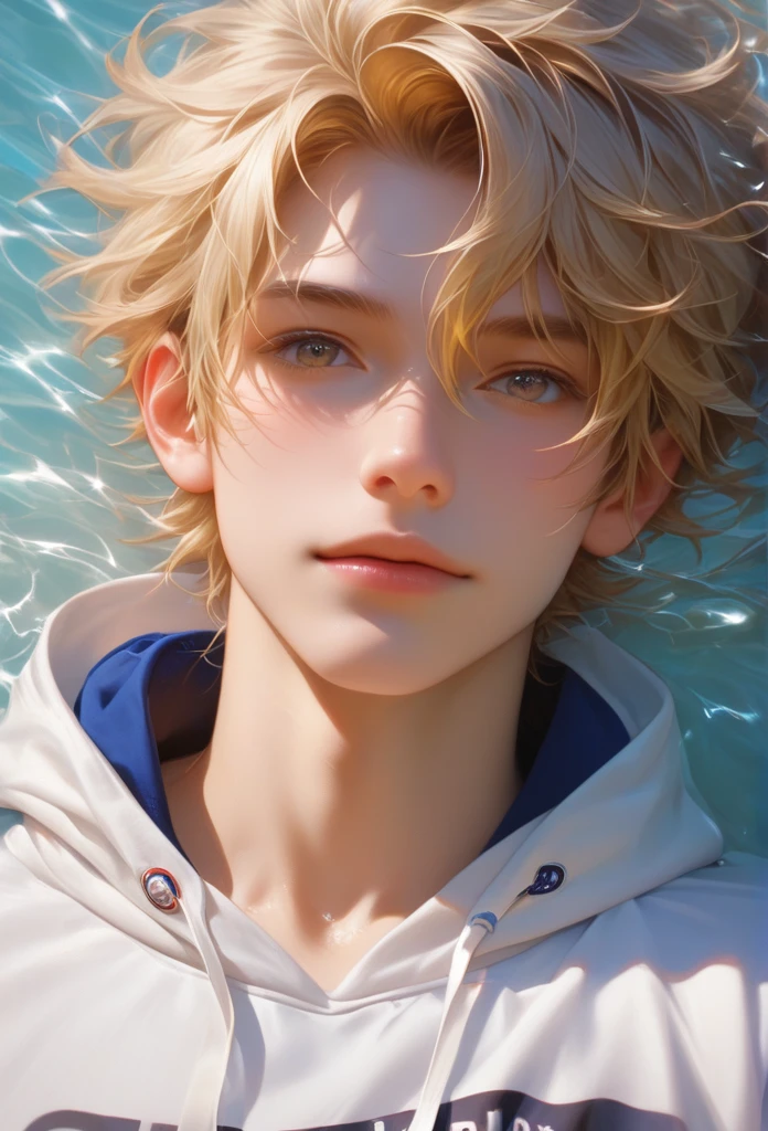 score_9, score_8_up, score_7_up, A hyper realistic ultra detailed photo of hansome man, fancy hair ,  golden blonde  hair, ultrarealistic, cute,  body, perky boobs, perfecteyes, , upper body  , close up, portrait, looking at viewer, amusement  ,  laying on back  ,  casual outdoor background, wearing hoodie T-shirt , layered skirt