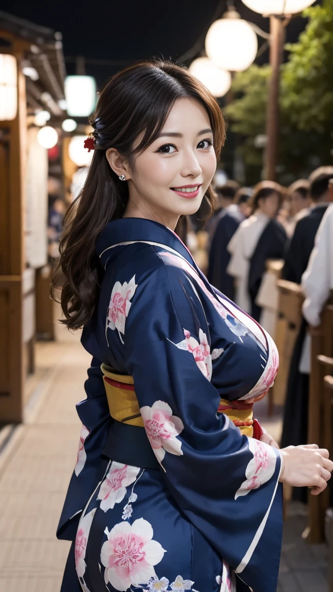 Mature attractive sexy woman,50 years old, ((kimono)),(((kimono))),Shut,((Big Breasts:1.2)),(Facial wrinkles:1.3),light makeup,Light brown hair,Long Hair,(Full body photo:0.85),(Emphasize big buttocks),8k, RAW Photos, Highest quality, Laughter,masterpiece,Highest quality、A kind smile、Captivating Gaze、Random Hairstyles、Summer festival、Night food stalls、light up、landscape、looks happy、