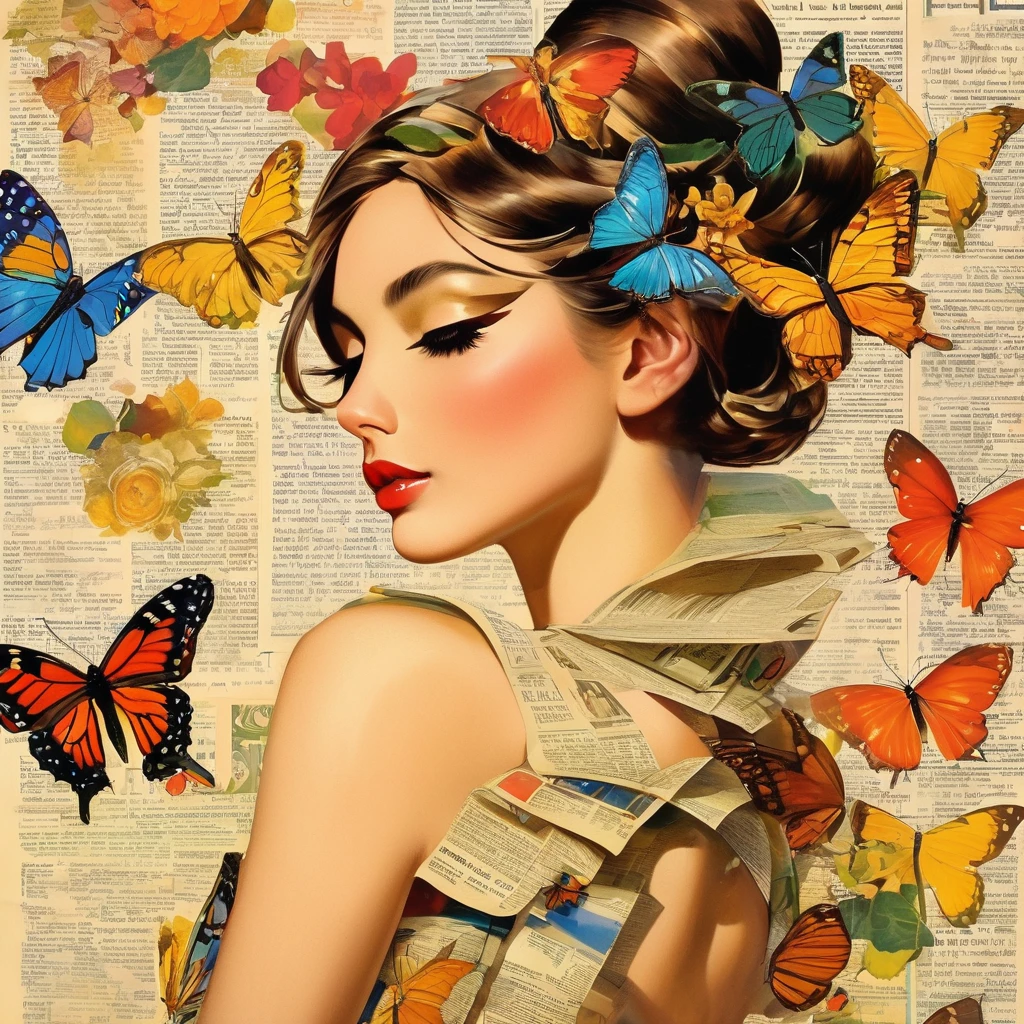  lateral view, Lonely, Wearing a magazine cover dress, Delicate facial features and long eyelashes, A butterfly landed on his head, There were newspaper clippings everywhere.. Kizi&#39;Face with realistic details, shiny colors，Focus Clear. The overall image is a high resolution masterpiece, Suitable for magazine cover. The art style is a mix of photography and conceptual art.. Bright and eye-catching colors. The lighting is studio style, soft lighting. Tips also include text and barcodes commonly found on magazine covers..