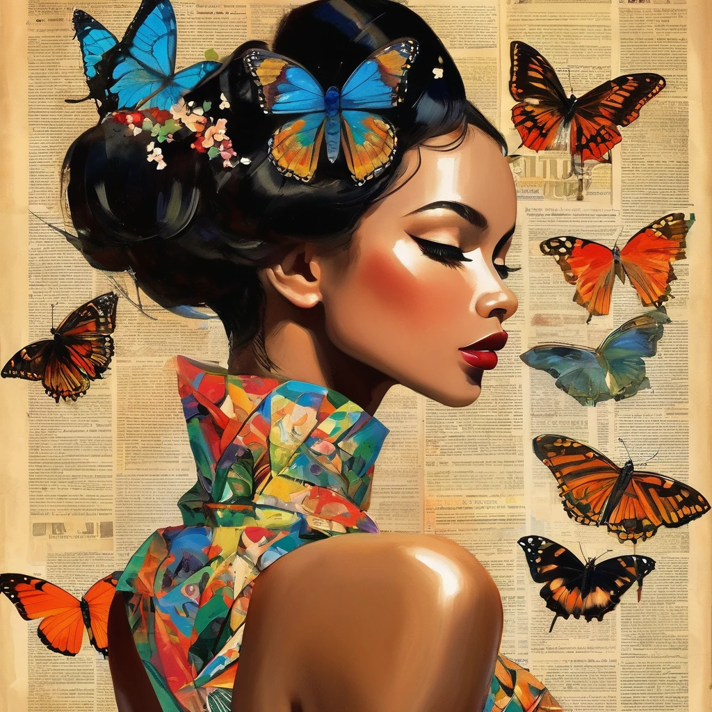  lateral view, Lonely, Wearing a magazine cover dress, Delicate facial features and long eyelashes, A butterfly landed on his head, There were newspaper clippings everywhere.. Kizi&#39;Face with realistic details, shiny colors，Focus Clear. The overall image is a high resolution masterpiece, Suitable for magazine cover. The art style is a mix of photography and conceptual art.. Bright and eye-catching colors. The lighting is studio style, soft lighting. Tips also include text and barcodes commonly found on magazine covers..