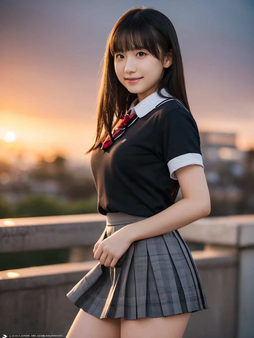 (Beautiful and detailed skin,Perfect Anatomy),At dusk,Sunset sky,cute,Black Hair, full body shot, Beautiful detailed girl, Highly detailed face, Detailed beautiful eyes, ((Japanese Girls, High school girl, School uniform:1.5)), big breasts, smile, seductive posing, City stairs、Very embarrassed, ((The wind blew up her skirt、Panties can be seen glimpsed:1.5))、Official Art，Highly detailed CG Unity 8k wallpaper, (masterpiece:1.0),(highest quality:1.0), photo shoot, 8k, Browsing Caution, High resolution, Kodak Portrait 400, Film Grain, Lens flare brilliance,looking at viewers