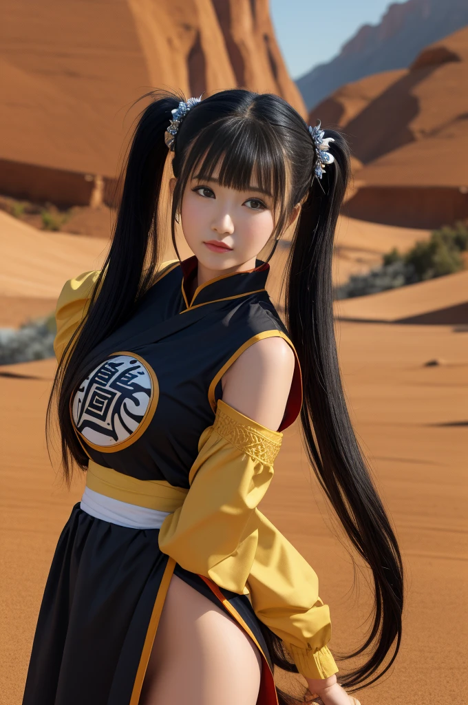 (masterpiece, Highest quality:1.1), Warrior (dq3), 1 person, alone, Long Hair, Twin tails, Looking at the audience, Black Hair, hair ornaments, Long sleeve, dress, Medium chest, Mouth closed, Cowboy Shot, black eye, Raise your arms, Chinese Language Services, Hair Bobble, Clenched hands, Preparing for battle, Simple Yin Yang background,Leg spread、Visible underwear、Photograph the whole body