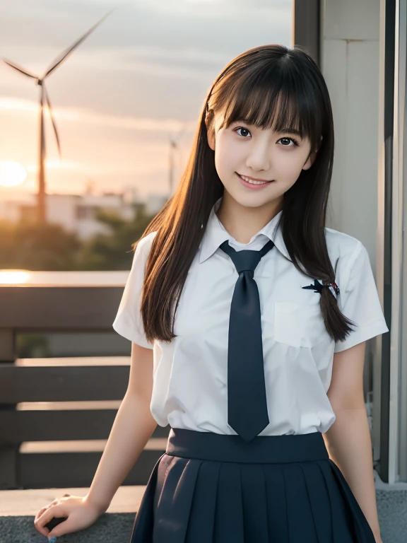 (Beautiful and detailed skin,Perfect Anatomy),At dusk,Sunset sky,cute,Black Hair, full body shot, Beautiful detailed girl, Highly detailed face, Detailed beautiful eyes, ((Japanese Girls, High school girl, School uniform:1.5)), big breasts, short hair, bangs, smile, seductive posing, City stairs、Very embarrassed, ((The wind blew up her skirt、Panties can be seen glimpsed:1.5))、Official Art，Highly detailed CG Unity 8k wallpaper, (masterpiece:1.0),(highest quality:1.0), photo shoot, 8k, Browsing Caution, High resolution, Kodak Portrait 400, Film Grain, Lens flare brilliance,looking at viewers