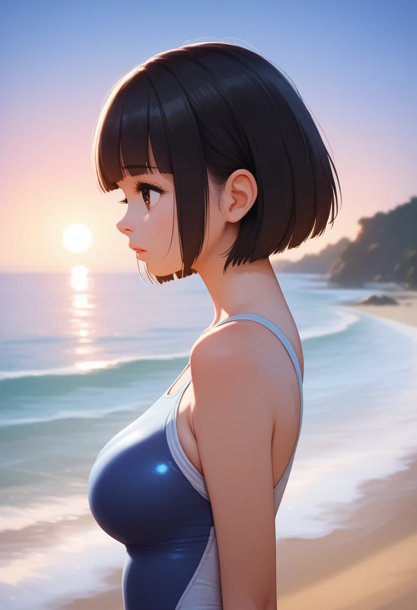 score_9,score_8_up,score_7_up,masterpiece,best quality, source_anime, realistic, super detailed, extreme detailed, rating_safe, 
1girl, standing, profile,  upper body,
BREAK 22yo, short hair, bob cut, (blunt bangs), black hair, (tareme, detailed cute brown eyes), curled eyelashes, (large breasts:0.9), 
shiny hair, beautiful detailed eyes, beautiful face, 
one-piece swimsuit,
sad, parted lips,
outdoors, beach, sunset,