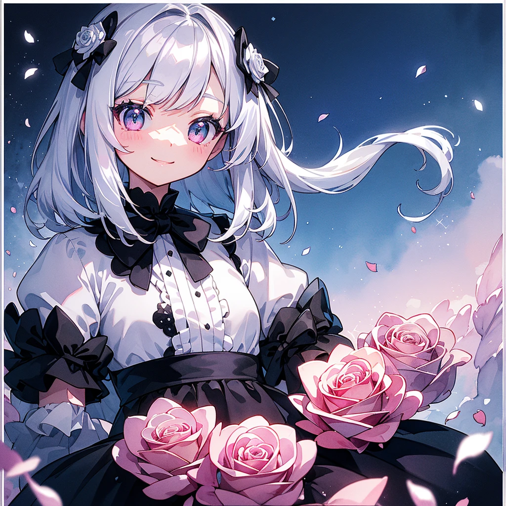 Transparent watercolor、、Gemstone Eyes、Beautiful layout and motif、Depth of written border、smile、Flat avatar、1 person、bow、Silver Hair((Medium Hair、Straight Hair))、White bristles、Fashionable design clothes、Background white、Rose petals、cute、black and pink goth、