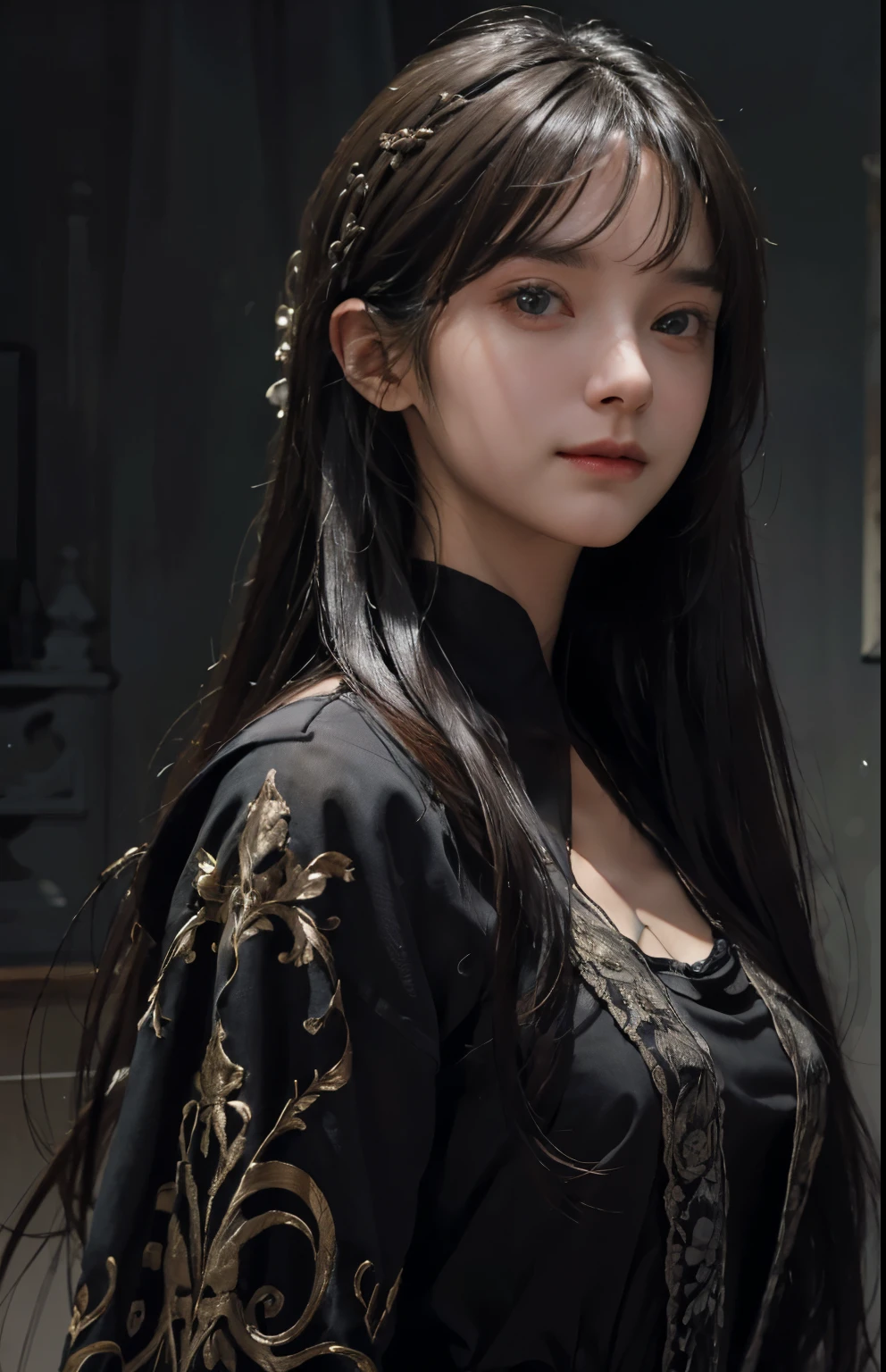 (extremely realistic), (illustration), (improved resolution), (8k), (very detailed), (Best illustration), (beautiful and delicate eyes), (best quality), (very detailed), (masterpiece ), ( wallpaper), (detailed face), alone, 1 girl, looking at viewer, fine details, detailed face, in the dark, deep shadows, low key, pure face_v1, smiling, long hair, black shawl straight hair , 46 point diagonal bangs