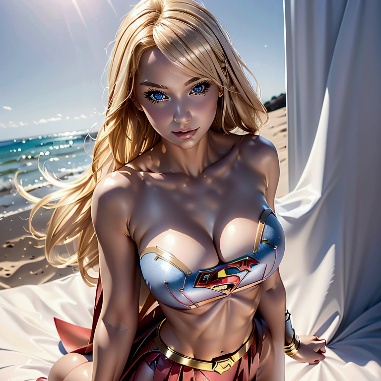 A high quality image of a realistic blonde woman in a supergirl costume, perky breasts, majestic curves, full body portriat