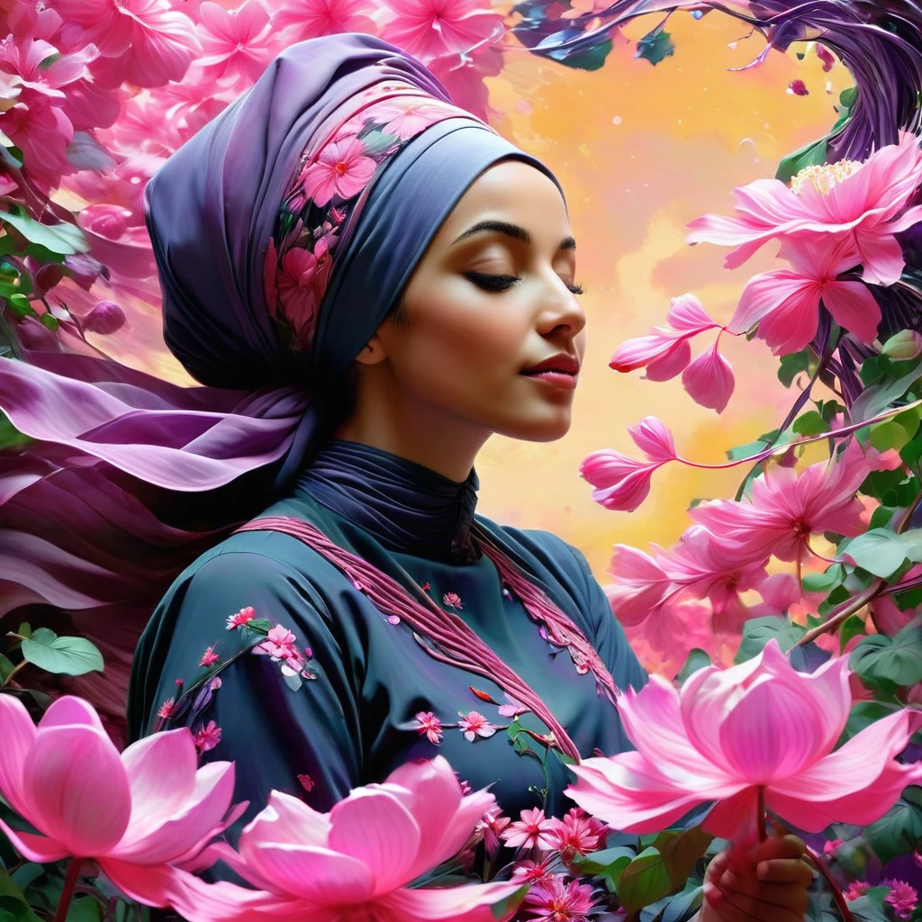 beautiful hijab A captivating digital painting, Inspired by the exclusive style of Norman Rockwell, featuring a serene young woman standing amid a swirling dance of pink and purple flowers, leaves and vines. She is surrounded by a plant-based being, with roots and flowers intertwined, creating a sense of depth and movement. The woman exudes a sense of determination and calm, as if she were perfectly in tune with the natural rhythm of the universe. The general environment of the 