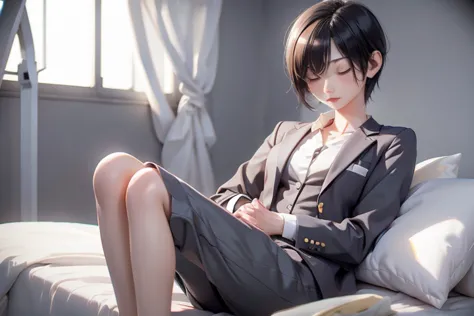 naked、nude、bra、older sister、cool、slender、black hair,、short hair、in a suit、sleeping