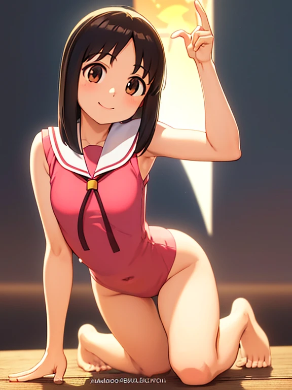 (masterpiece, Highest quality:1.2),figure,8k,High resolution,1 person,alone, (((masterpiece))),(((Highest quality))),(((Very detailed))), figure, 1 person, Azumanga Daioh, Ayumu Kasuga, Azumanga Daioh's , Sailor collar, , Seraph, smile, Seraphクローズ, boca abierta alone, Bright colors, bright, Strike a bold pose,(Brown eyes), whole body, barefoot, Volumetric lighting, Multicolored Eyes, Fine grain, Very detailed, light smile, Very detailed, beautiful, The finer details, Ultra-detailed, Highest quality, Complex, 4K, 8k, Art Station Trends, Excellent anatomy, beautiful lighting, Awards, Small breasts, Outdoor