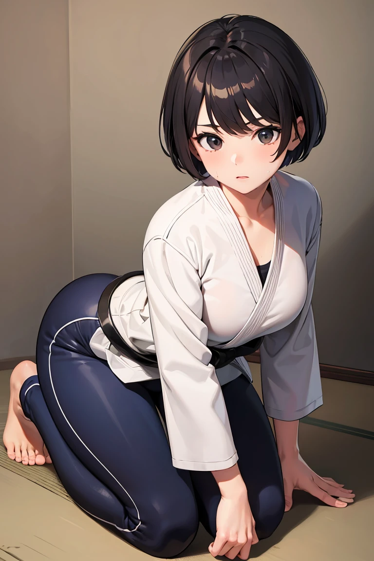 ((masterpiece, highest quality, super detailed, Very detailed 8KCG wallpaper)), 1 girl, alone, big breasts, short hair, black hair, bob, black eye, dougi, martial arts uniform, martial arts belt, black pants, barefoot, dojo, sitting, seiza, nice hands, perfect hands,judo,Newaza,Sweaty,sweating,sex appeal,Erotic,On all fours,Touching the male genitals