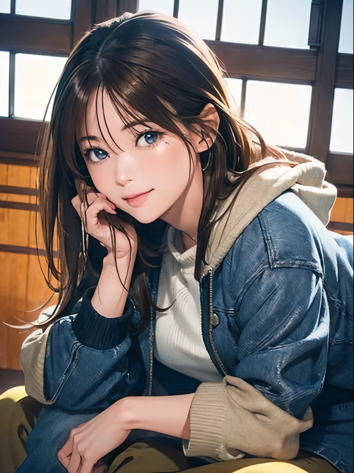 High resolution, 8k, Highest quality, detailed, Semi-realistic anime, Anime 3D Style, Smooth anime CG, One Girl, A 20-year-old Japanese woman, slim, Modeled, Shiny brown hair, detailedな顔, Beautiful and detailed, Glowing Skin, Hard Focus、Film Grain, Soft lighting, Looking at the audience, Laughter, (Woman wearing fleece and jeans), In front of the fireplace in the mountain hut、A warm living room surrounded by wooden furniture