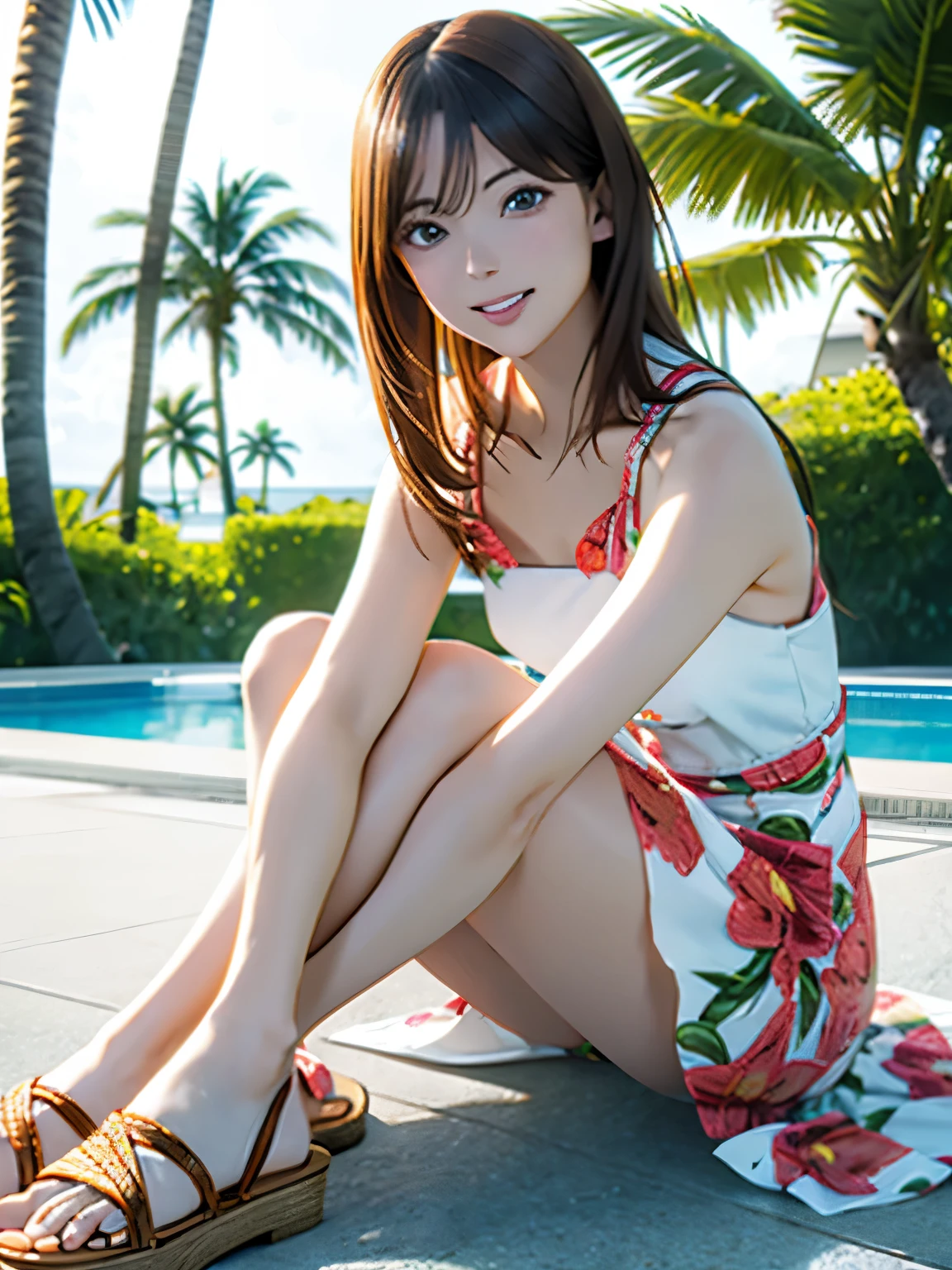 High resolution, 8k, Highest quality, detailed, Semi-realistic anime, Anime 3D Style, Smooth anime CG, One Girl, A 20-year-old Japanese woman, slim, Modeled, Shiny brown hair, detailedな顔, Beautiful and detailed, Glowing Skin, Hard Focus、Film Grain, Soft lighting, Looking at the audience, Laughter, (Woman wearing a summer dress and sandals), Poolside at a tropical resort hotel、Palm tree landscape