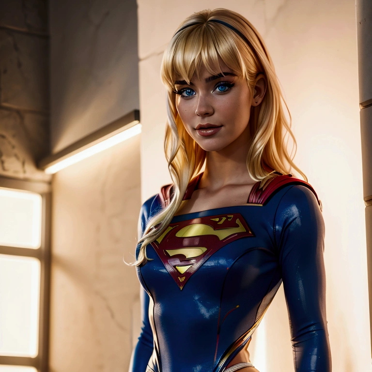 A high quality image of a realistic blonde woman in a supergirl leotard, perky breasts, majestic curves, full body portriat