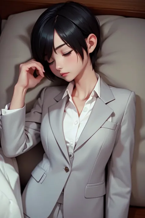 naked、nude、bra、older sister、cool、slender、black hair,、short hair、in a suit、sleeping