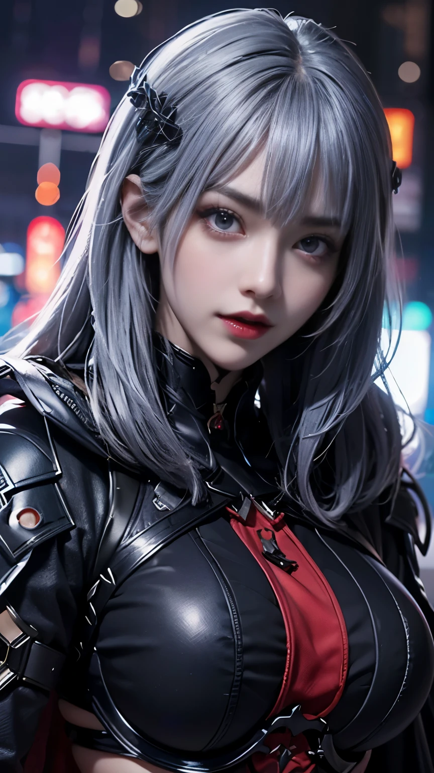 masterpiece、high quality、High resolution、high resolution, Silver Hair,  Japanese 、(Cyberpunk costume with fractal art pattern) , night 、Cyberpunk City、Super big breasts:1.8、Long sleeve、Beautiful symmetrical face、purpleのインナー、Hyper Detail、Octane Rendering、超A high resolution、8k、(purple:1.2、white:1.2)、Realistic textured face and skin、Red Cape、Upper Body、Facing forward、Body facing this way、Thick lips:1.5、Black lipstick:1.5、((Black Rouge、Black Lips))、Shooting from the front、Close-up、straight body、