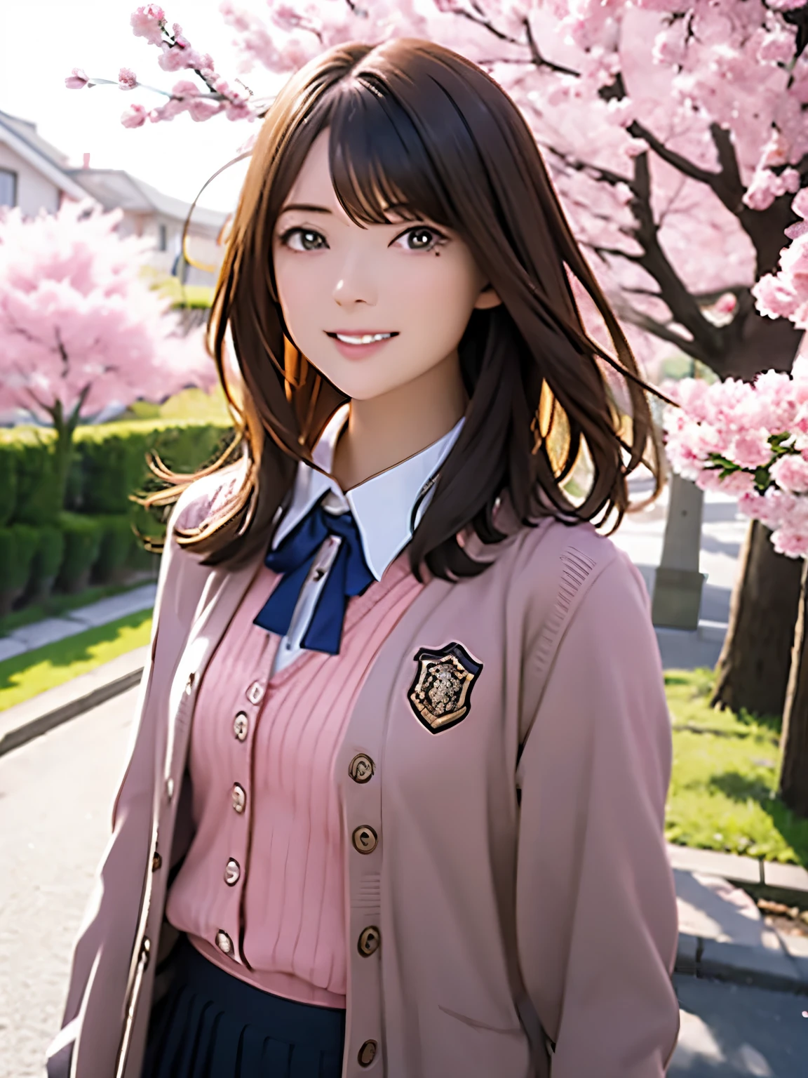 High resolution, 8k, Highest quality, detailed, Semi-realistic anime, Anime 3D Style, Smooth anime CG, One Girl, A 20-year-old Japanese woman, slim, Modeled, Shiny brown hair, detailedな顔, Beautiful and detailed, Glowing Skin, Hard Focus、Film Grain, Soft lighting, Looking at the audience, Laughter, (Pink cardigan and skirt), A tree-lined street with cherry blossom petals falling、A calm day with a spring breeze