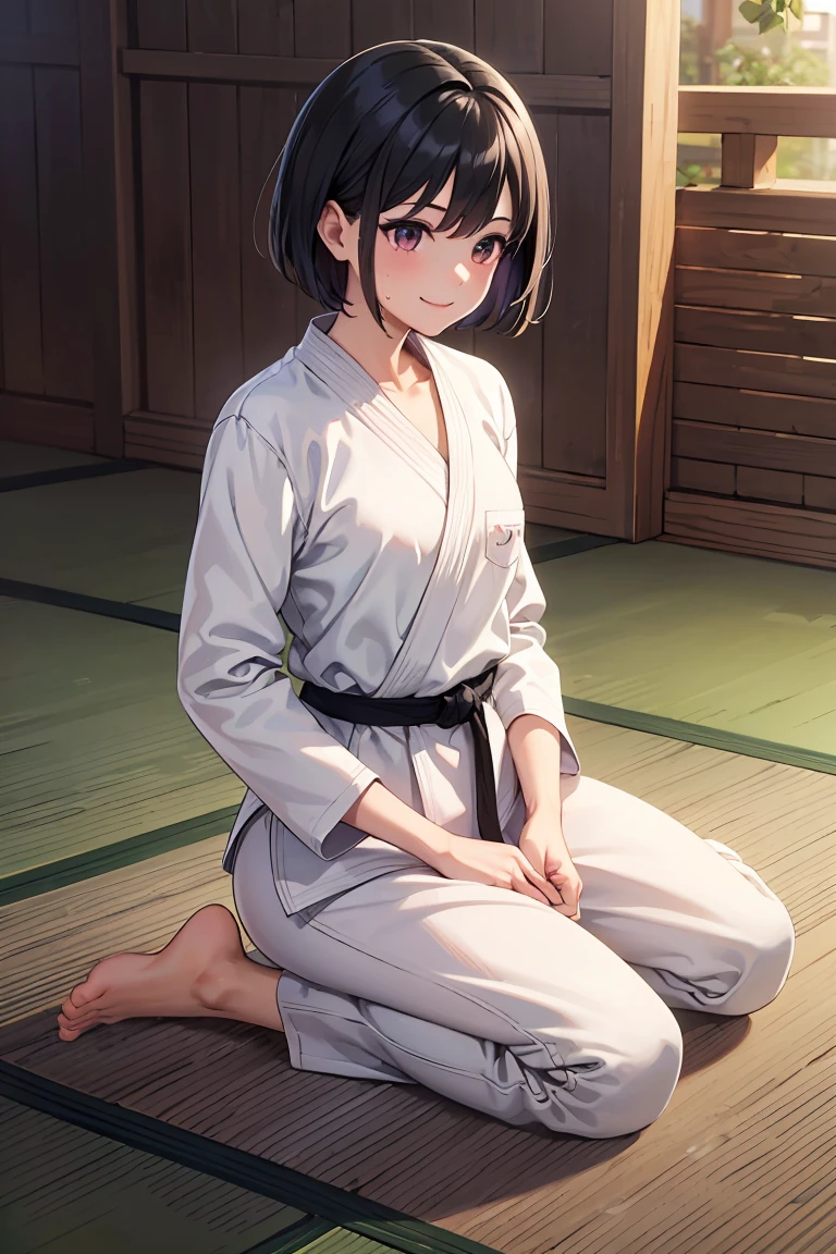 ((masterpiece, Highest quality, Very detailed, Very nice 8K CG wallpaper)), One girl, alone, Small breasts, Medium Hair, Black Hair, short hair,Iris, Daugi, Long sleeve, Martial arts belt, White pants, barefoot, dojo, Sitting astride,seiza, Nice hands, Perfect hands,Sweaty,smile,sexy female genitalia