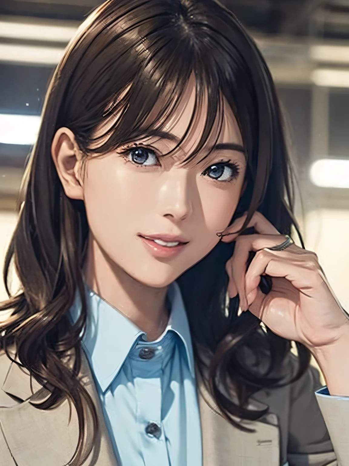 High resolution, 8k, Highest quality, detailed, Semi-realistic anime, Anime 3D Style, Smooth anime CG, One Girl, A 20-year-old Japanese woman, slim, Modeled, Shiny brown hair, detailedな顔, Beautiful and detailed, Glowing Skin, Hard Focus、Film Grain, Soft lighting, Looking at the audience, Laughter, (A woman wearing a formal jacket and pantsuit), A city lined with office buildings、A street where businessmen come and go