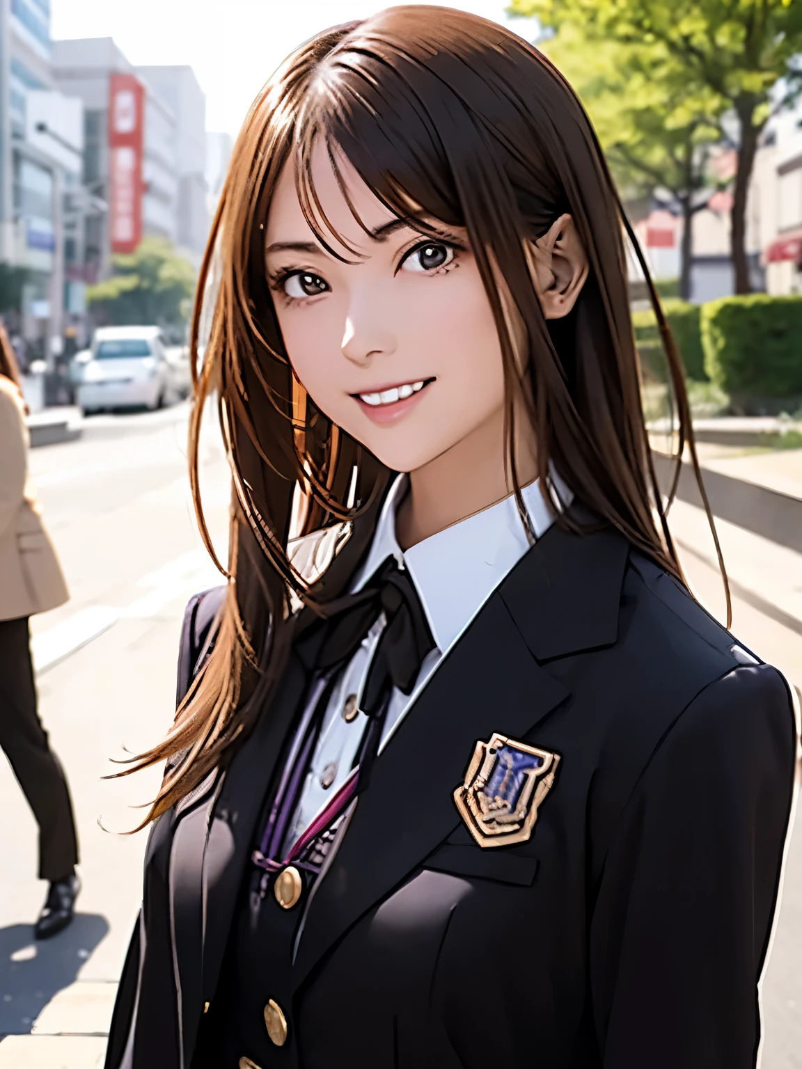 High resolution, 8k, Highest quality, detailed, Semi-realistic anime, Anime 3D Style, Smooth anime CG, One Girl, A 20-year-old Japanese woman, slim, Modeled, Shiny brown hair, detailedな顔, Beautiful and detailed, Glowing Skin, Hard Focus、Film Grain, Soft lighting, Looking at the audience, Laughter, (A woman wearing a formal jacket and pantsuit), A city lined with office buildings、A street where businessmen come and go