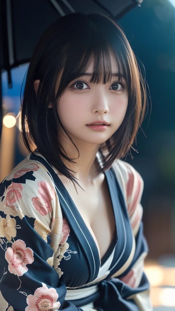 ((masterpiece, Highest quality, High resolution)), Japanese high school girl、(Realistic: 1.4), Nervous、Blushing、Great face,Glossy lips、, short hair、(Beautiful Hair:1.5), Japanese patterned yukata、Long sleeve、Cleavage、Floral hair ornament、Beautiful legs、On the Beach、Fireworks at night、stare、Front angle, Smooth, Highly detailed CG composite 8K wallpaper, High resolutionのRAWカラー写真, Professional photography, Light, BackLight, impressive, Written boundary depth, (Face close-up:1.5)