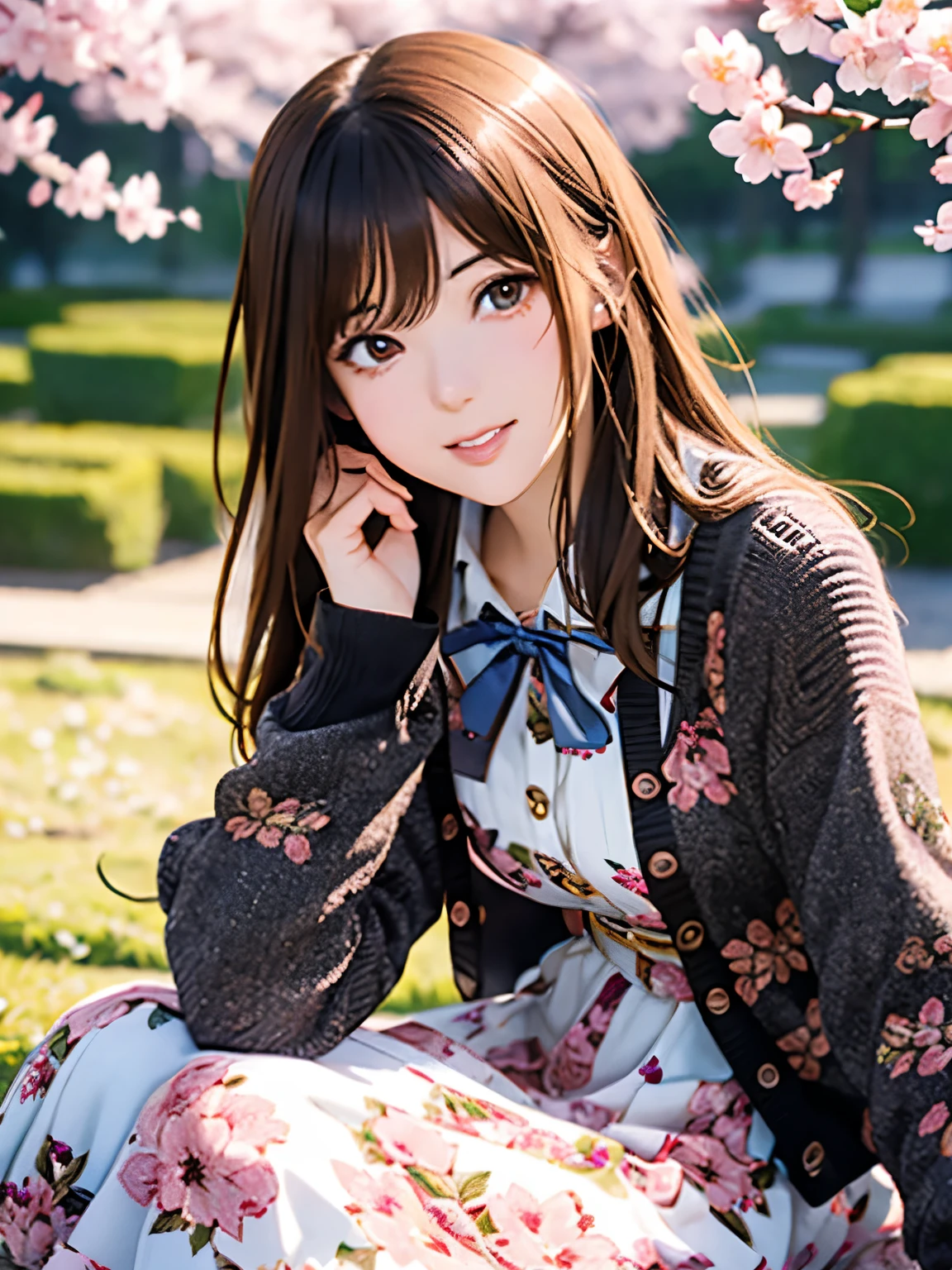 High resolution, 8k, Highest quality, detailed, Semi-realistic anime, Anime 3D Style, Smooth anime CG, One Girl, A 20-year-old Japanese woman, slim, Modeled, Shiny brown hair, detailedな顔, Beautiful and detailed, Glowing Skin, Hard Focus、Film Grain, Soft lighting, (A woman wearing a floral dress and cardigan),A spring park with cherry blossom petals falling、Enjoying a picnic by the pond