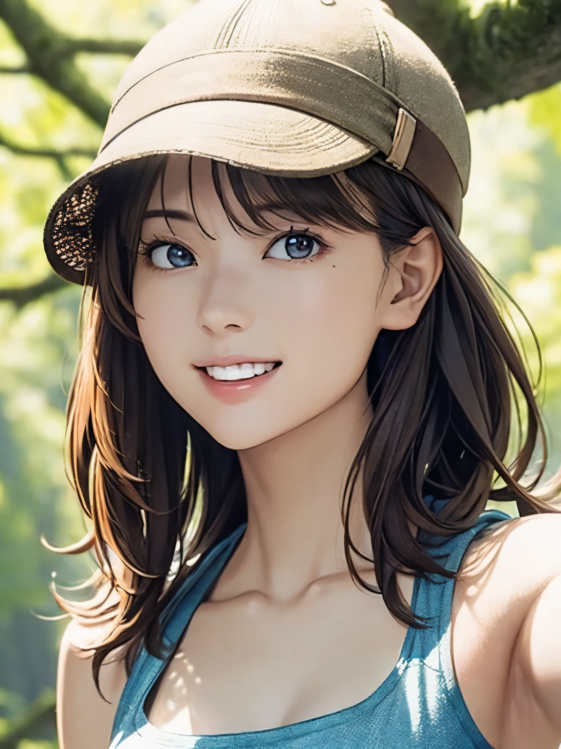 High resolution, 8k, Highest quality, detailed, Semi-realistic anime, Anime 3D Style, Smooth anime CG, One Girl, A 20-year-old Japanese woman, slim, Modeled, Shiny brown hair, detailedな顔, Beautiful and detailed, Glowing Skin, Hard Focus、Film Grain, Soft lighting, Looking at the audience, Laughter, (A woman wearing outdoor clothing and a hat), In the vast forest、A hiking trail bathed in sunlight filtering through the trees