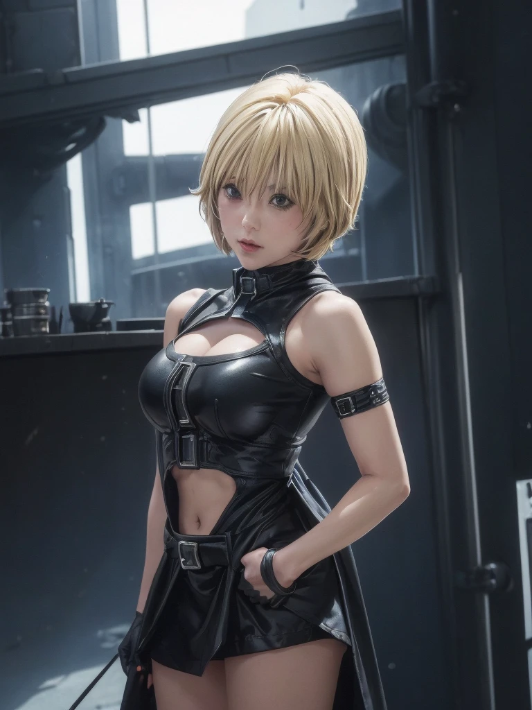 kurosaki mea、最high quality、high quality,, ((Masseter muscle area)), ((High resolution)), ((最high quality)), detailed, ((Glowing Skin)), ((huge 、Blonde、Short Bob))、(Black Bondage, Waist Cloak, Black shorts), Voluptuous bust, exposed navel, Bowl-shaped big breasts, (View from the front、Looking at the audience:1.5)、((background:futuristic facility:1.4))