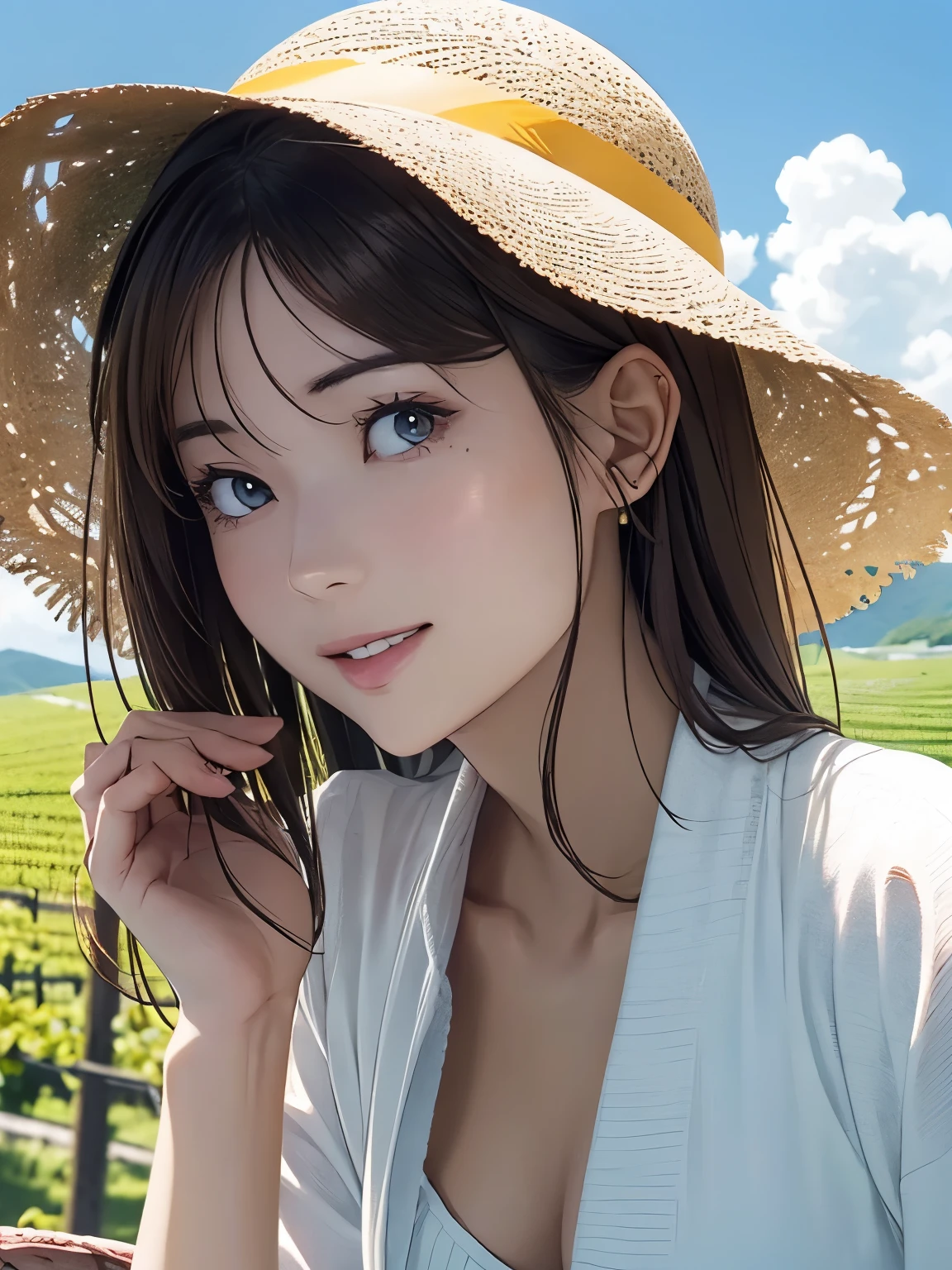 High resolution, 8k, Highest quality, detailed, Semi-realistic anime, Anime 3D Style, Smooth anime CG, One Girl, A 20-year-old Japanese woman, slim, Modeled, Shiny brown hair, detailedな顔, Beautiful and detailed, Glowing Skin, Hard Focus、Film Grain, Soft lighting, Looking at the audience, Laughter, (A woman wearing a simple dress and straw hat), green々Hilly region with vineyards、Enjoying wine under a clear blue sky