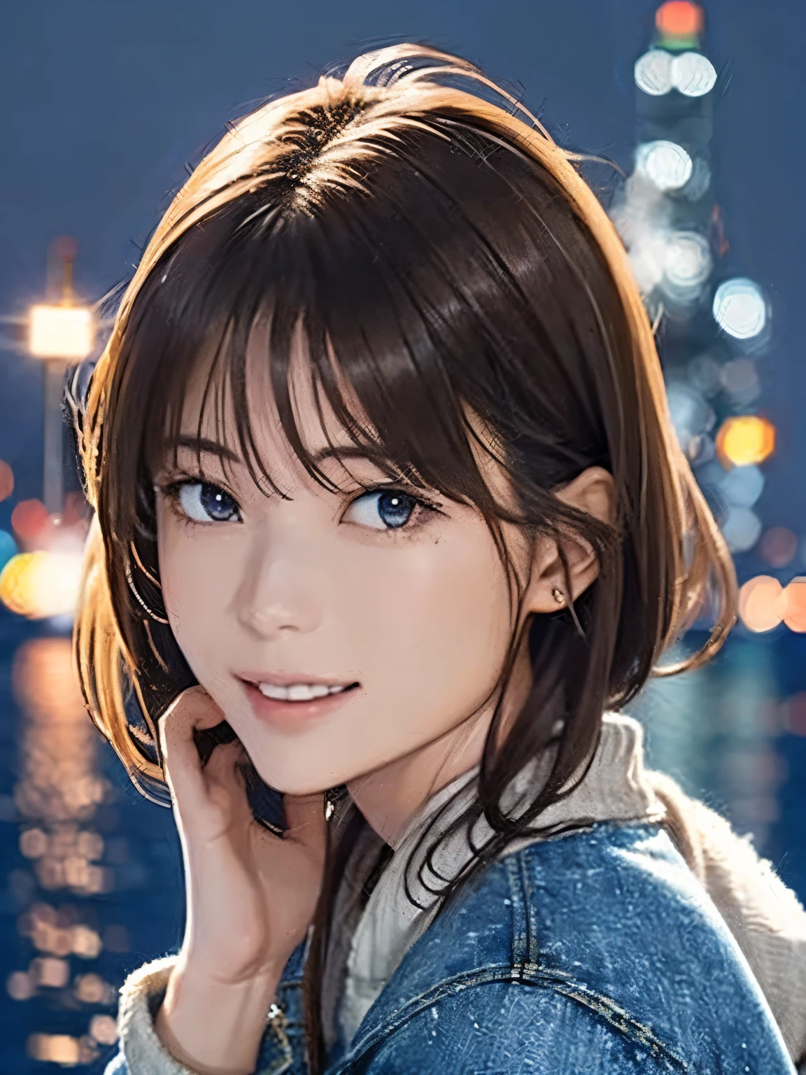 High resolution, 8k, Highest quality, detailed, Semi-realistic anime, Anime 3D Style, Smooth anime CG, One Girl, A 20-year-old Japanese woman, slim, Modeled, Shiny brown hair, detailedな顔, Beautiful and detailed, Glowing Skin, Hard Focus、Film Grain, Soft lighting, Looking at the audience, Laughter, (A woman wearing a casual jacket and jeans), Port town at night、City lights reflected in the sea and anchored ships