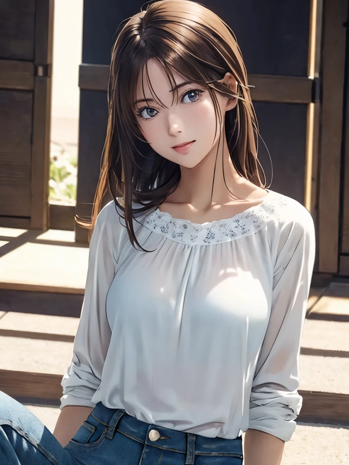 High resolution, 8k, Highest quality, detailed, Semi-realistic anime, Anime 3D Style, Smooth anime CG, One Girl, A 20-year-old Japanese woman, slim, Modeled, Shiny brown hair, detailedな顔, Beautiful and detailed, Glowing Skin, Hard Focus、Film Grain, Soft lighting, Looking at the audience, Laughter, (A woman wearing a simple blouse and jeans), Early summer plateau、A single flower blooming in a meadow under a clear blue sky