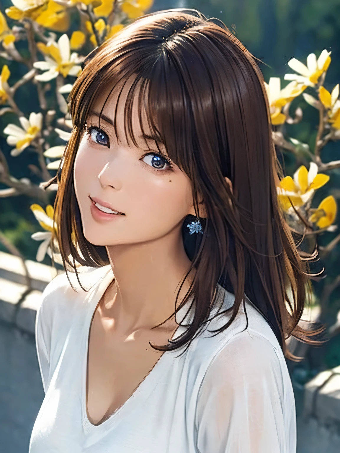 High resolution, 8k, Highest quality, detailed, Semi-realistic anime, Anime 3D Style, Smooth anime CG, One Girl, A 20-year-old Japanese woman, slim, Modeled, Shiny brown hair, detailedな顔, Beautiful and detailed, Glowing Skin, Hard Focus、Film Grain, Soft lighting, Looking at the audience, Laughter, (A woman wearing a simple blouse and jeans), Early summer plateau、A single flower blooming in a meadow under a clear blue sky