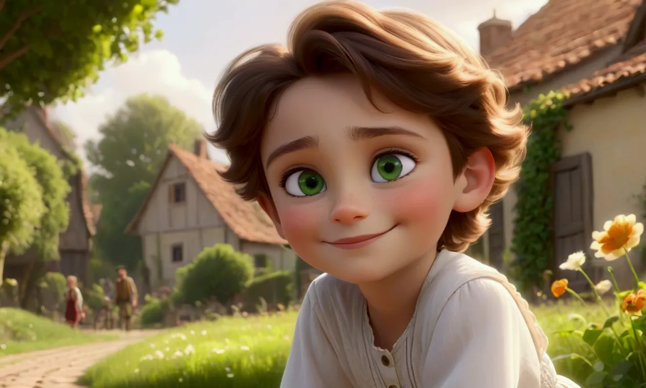 a beautiful smiling dreaming young boy, with her family, beatiful european face, green eyes, white skin, long skirt, pixar style...