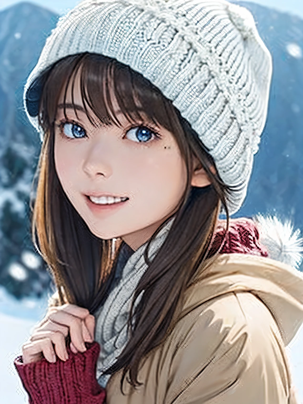 High resolution, 8k, Highest quality, detailed, Semi-realistic anime, Anime 3D Style, Smooth anime CG, One Girl, A 20-year-old Japanese woman, slim, Modeled, Shiny brown hair, detailedな顔, Beautiful and detailed, Glowing Skin, Hard Focus、Film Grain, Soft lighting, Looking at the audience, Laughter, (Winter mountain style with a warm down jacket and knitted hat), A magnificent mountain range covered in pure white snow