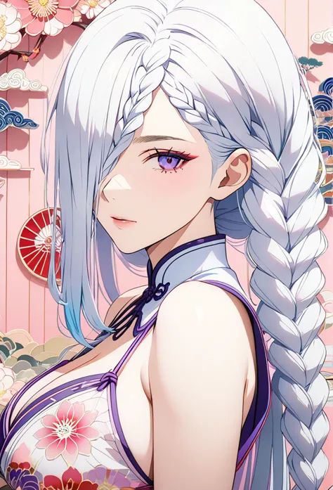 a mesmerizing surreal illustration of a young japanese woman resembling mei mei. she has white hair, purple eyes, and wears a vi...