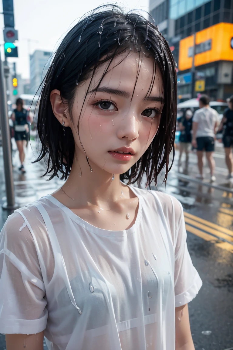 Best image quality, masterpiece, Ultra-high resolution, (Loyalty :1.4), Pretty Japanese woman, 1 person, Detailed face, Detailed eyes, Correct human anatomy, ,tears, tears drop, (White shirt), (Wet clothes stick to the body:1.4), Exposing shoulders, Wet Hair, Heavy Rain, Shibuya Crossing