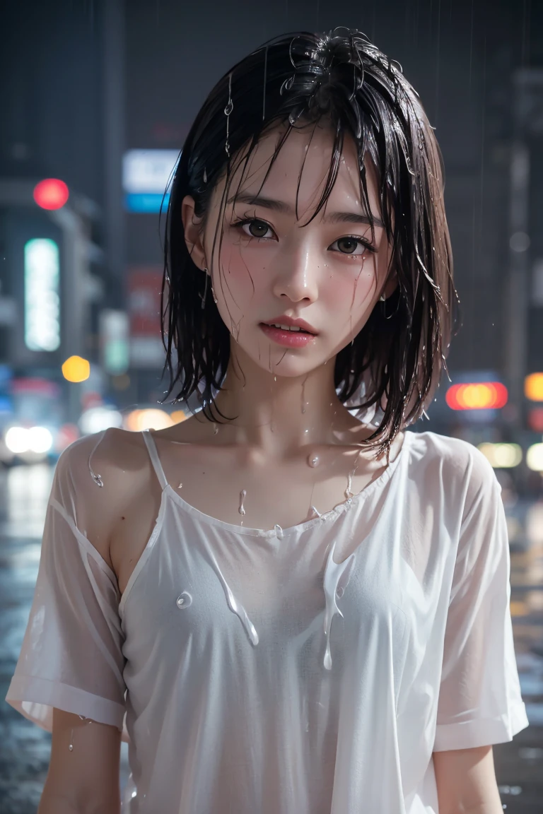 Best image quality, masterpiece, Ultra-high resolution, (Loyalty :1.4), Pretty Japanese woman, 1 person, Detailed face, Detailed eyes, Correct human anatomy, ,tears, tears drop, (White shirt), (Wet clothes stick to the body:1.4), Exposing shoulders, Wet Hair, Heavy Rain, Shibuya Crossing