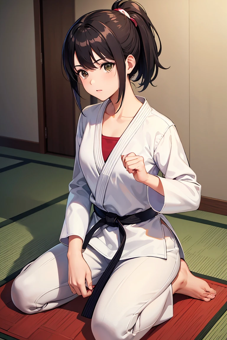 ((masterpiece, Highest quality, Very detailed, Very nice 8K CG wallpaper)), One girl, alone, Small breasts, Medium Hair, Black Hair, ponytail, Iris, Daugi, Long sleeve, Martial arts belt, White pants, barefoot, dojo, Sitting, seiza, Nice hands, Perfect hands,