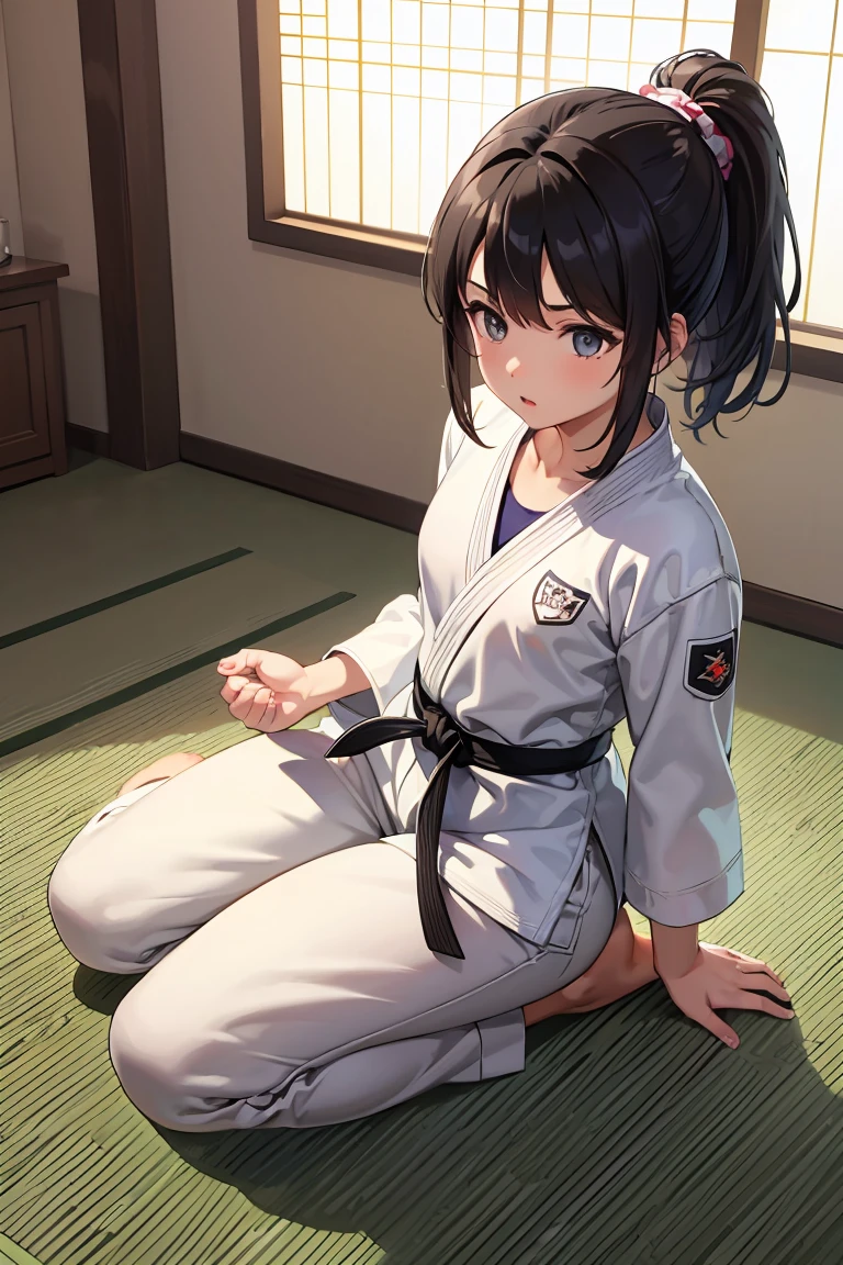 ((masterpiece, Highest quality, Very detailed, Very nice 8K CG wallpaper)), One girl, alone, Small breasts, Medium Hair, Black Hair, ponytail, Iris, Daugi, Long sleeve, Martial arts belt, White pants, barefoot, dojo, Sitting, seiza, Nice hands, Perfect hands,