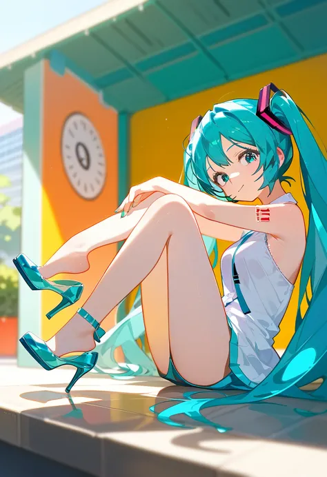 score_9_up score_8_up score_7_up, 1girl, high heels shoe dangle, legs up, hatsune miku, looking at viewer, sitting, from side