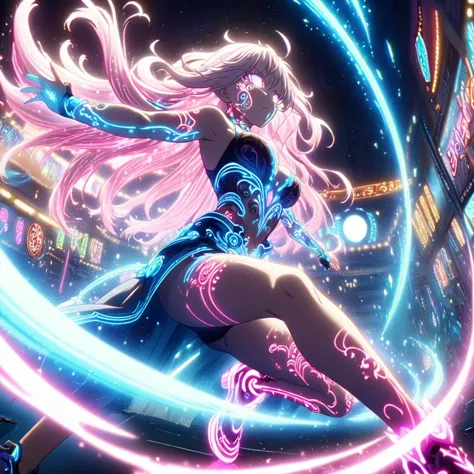 action scenes,fight,anime screenshots、 artistic anime illustration of a woman adorned with glowing neon 龍 tattoos all over her b...