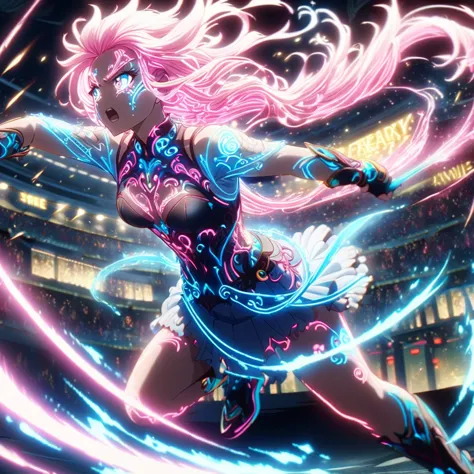 action scenes,fight,anime screenshots、 artistic anime illustration of a woman adorned with glowing neon 龍 tattoos all over her b...