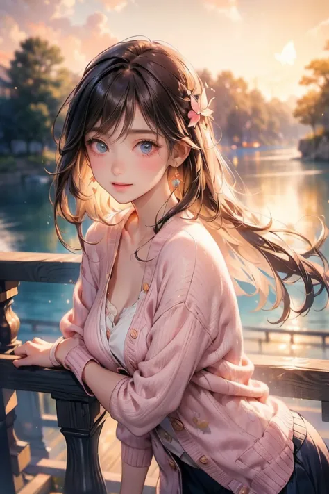 a beautiful japanese woman with blue beautiful detailed eyes wearing a pale soft pink cardigan　pink cardigan　soft orange light　「...