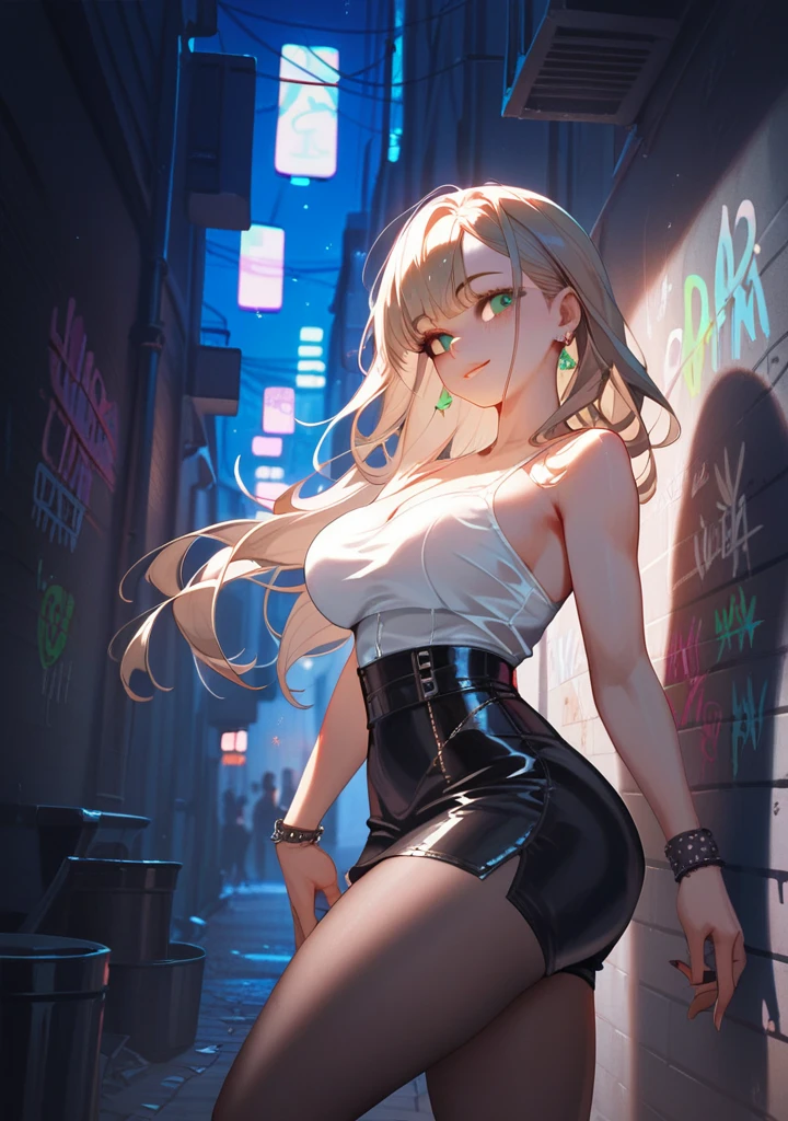 Alley, night, wall graffiti art, Absurd, Perfect Anatomy, performance, Good lighting, Shadows in the movies, large breasts, large butt, thin waist, Long HAIR, light brown HAIR, light green eyes, original HAIR style, Dynamic Angle