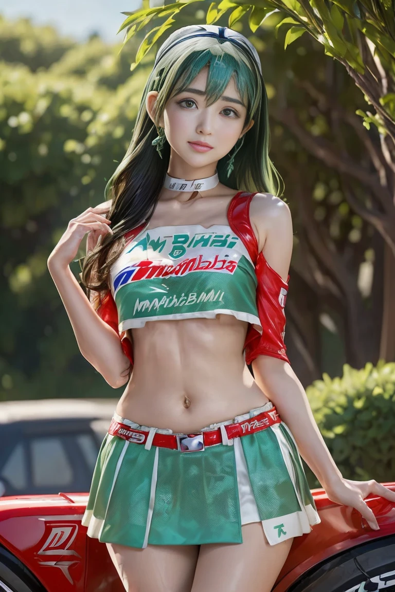 (masterpiece), ( MotoGP Racing Girls), 完璧にbeautifully均整の取れた顔、(Amami Tsubasa:1.8)、(eyeliner:0.5),(blush:0.5), Black Hair, A faint smile, beautifully繊細な少女を指す, Highly detailed eyes and face, beautifully繊細な目, , ((Event List)), (MotoGP track background), (Highest quality, High resolution, reality, original, 8k,masterpiece, ),(((Dynamic pose))),(((Center Perspective))),(((Show the underside of the chest ))),(((Red miniskirt lift))),(((Bare inner thighs))),(((F1 cars on display))), (Vibrant colors:1.2), (beautifully),