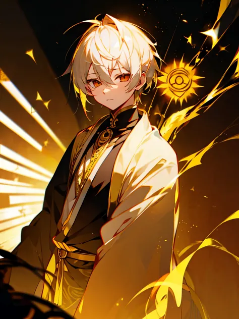 the sun god shota with white-gold hair and golden eyes.